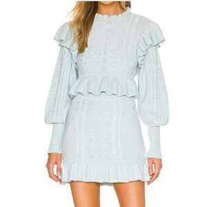 Majorelle Langley Sweater Skirt Set XS Baby Blue Cable Knit Ruffle x small mini